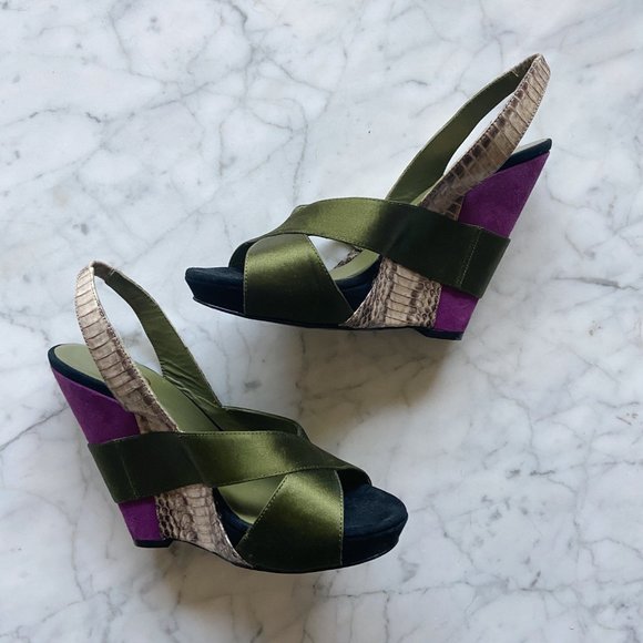 Ash Diane Green Purple Suede Satin Wedge Sandals - Picture 4 of 8